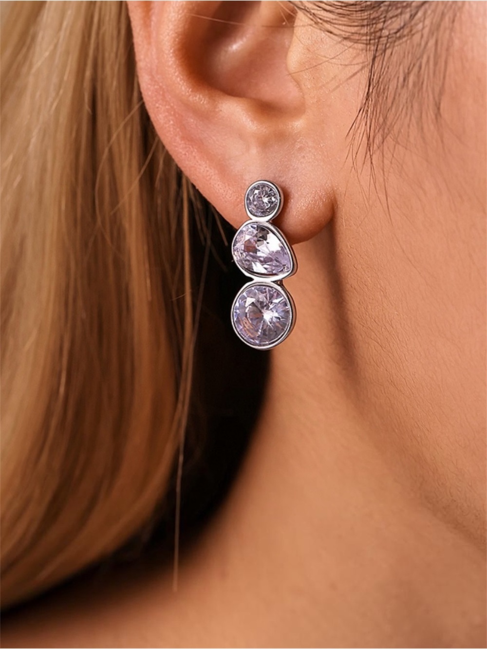 Triple-Cut Clear Crystal Drop Stud Earrings NWT 18KT Gold Plated PVD - Picture 2 of 2